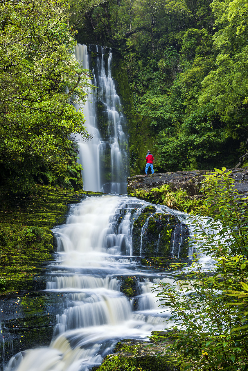 #160212-1 - Hiker at McLean Falls, The Catlins, New Zealand