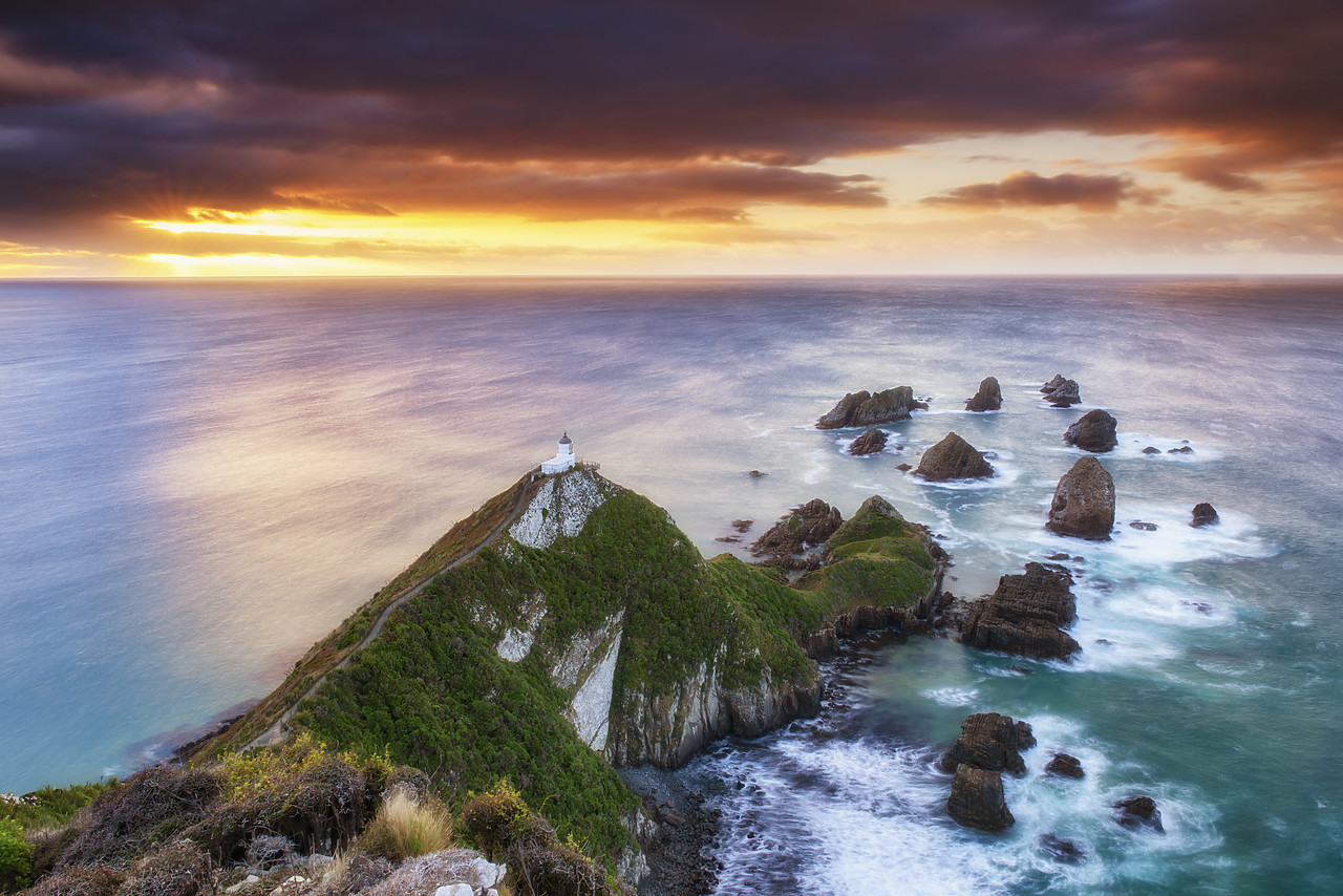 #160216-2 - Nugget Point Lighthouse at Sunrise, New Zealand