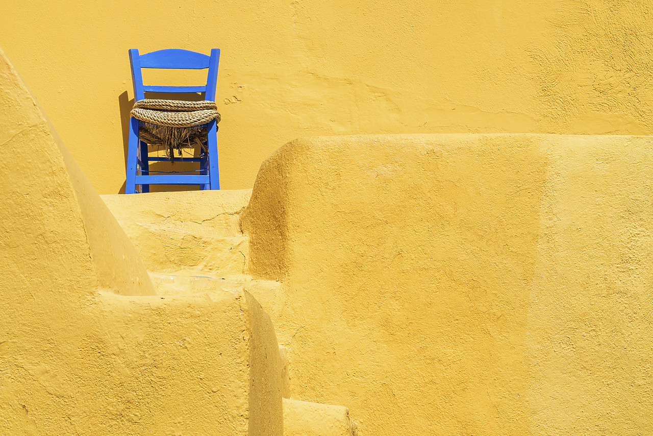 #160442-1 - Blue Chair & Yellow Building, Santorini, Cyclades, Greece