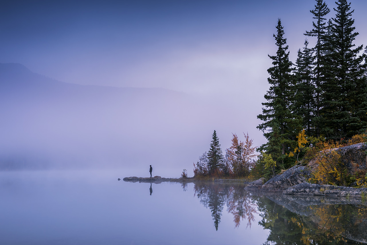 #170363-1 - Solitary Person in Mist on Pyramid Lake, Jasper National Park, Alberta, Canada