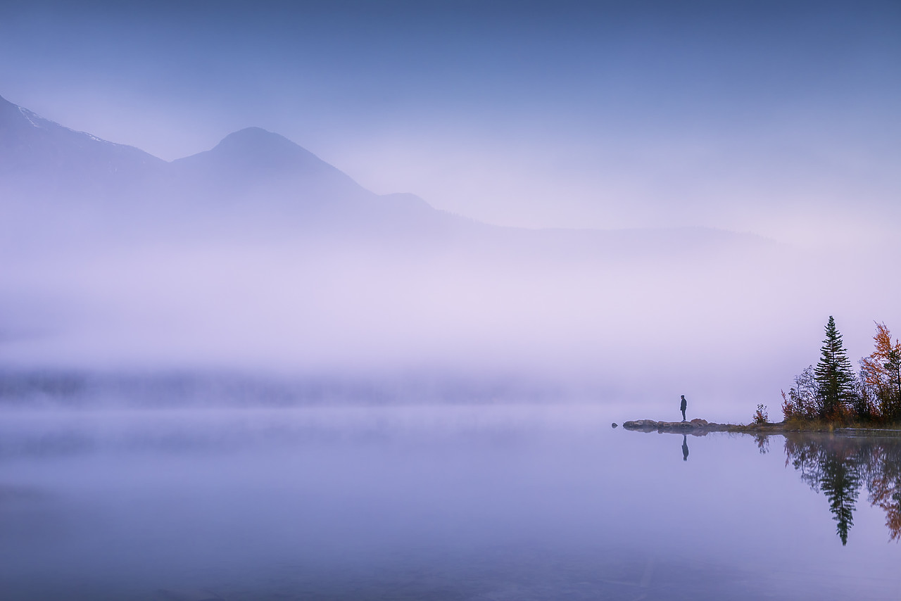 #170364-1 - Solitary Person in Mist, Pyramid Lake, Jasper National Park, Alberta, Canada