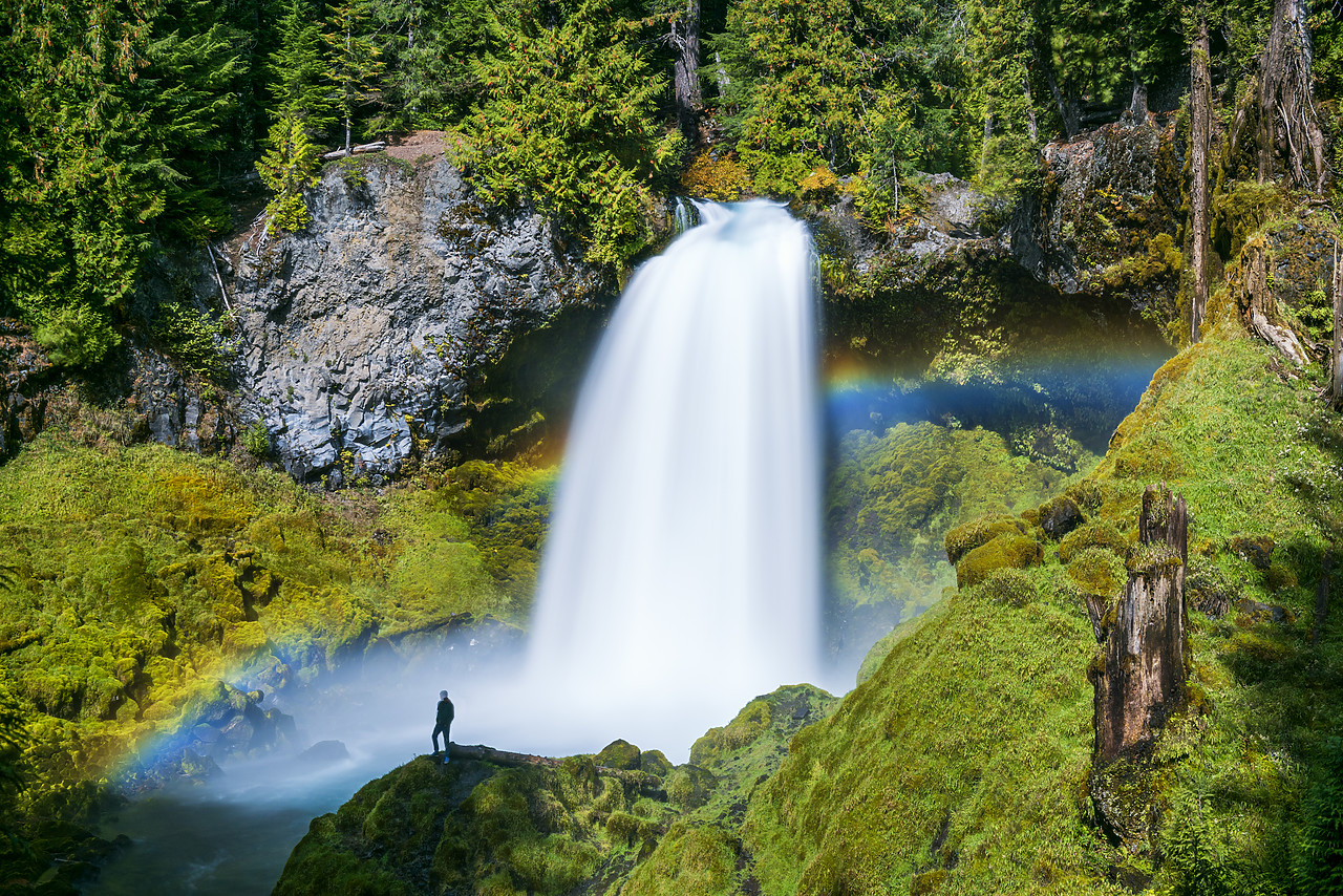 #170520-1 - Person Standing in Front of Sahalie Falls with Rainbow, Willamette National Forest, Oregon, USA