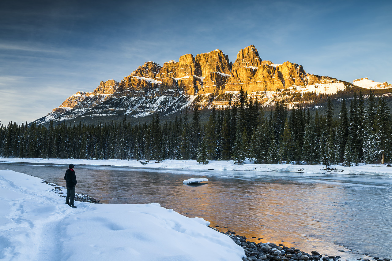 #180045-1 - Man Looking at Castle Mountain at Sunset, Banff National Park, Aberta, Canada