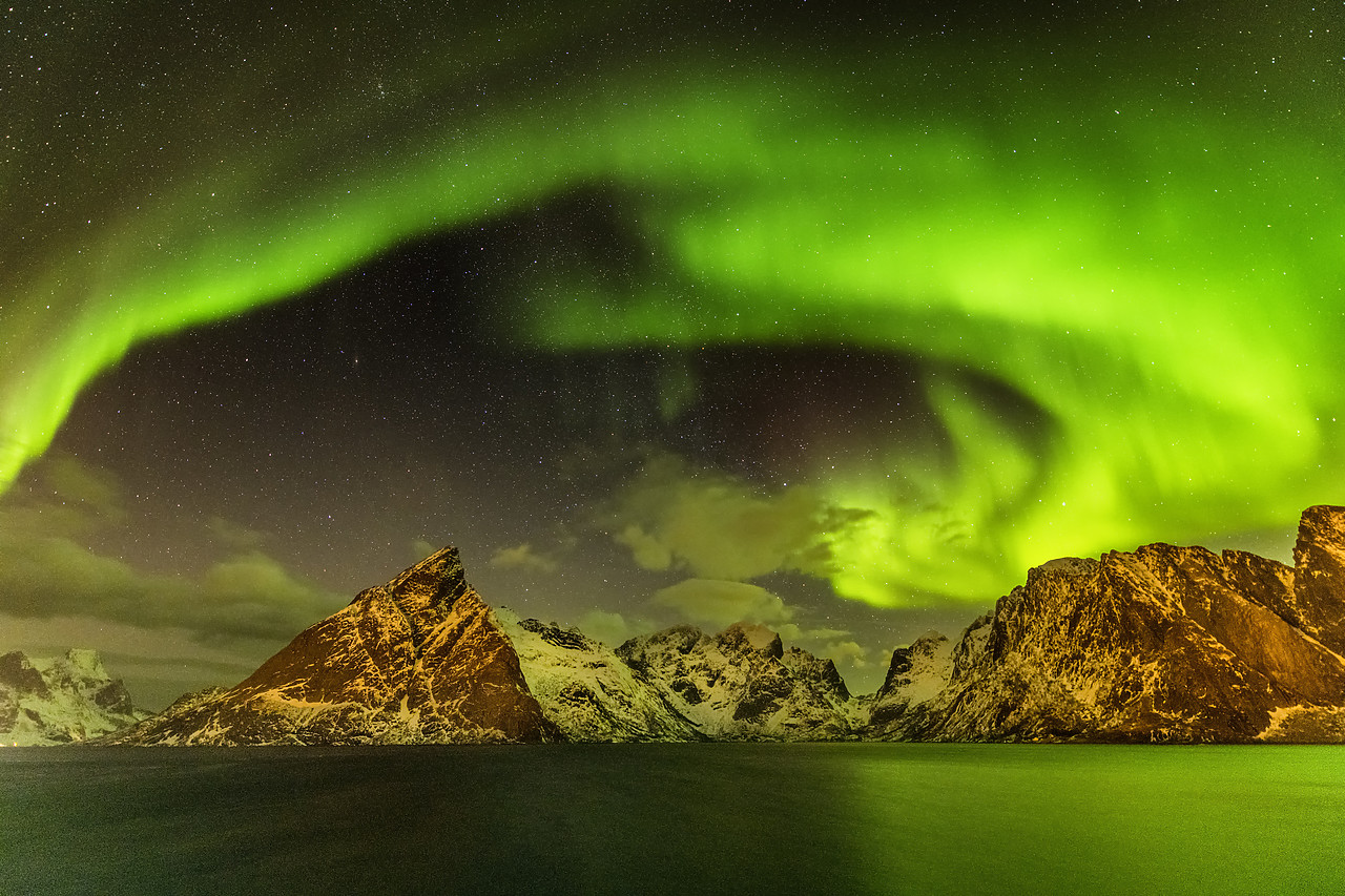 #180105-1 - Aurora over Mountains, Lofoten Islands, Norway