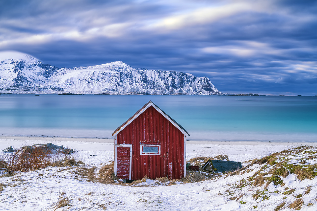 #180124-1 - Red Cabin on Ramberg Beach, Lofoten Islands, Norway
