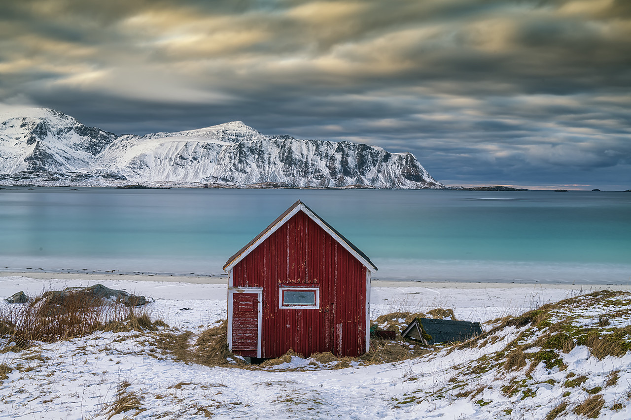#180125-1 - Red Cabin on Ramberg Beach, Lofoten Islands, Norway