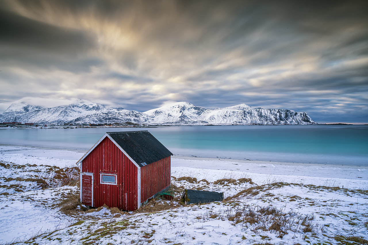 #180126-1 - Red Cabin on Ramberg Beach, Lofoten Islands, Norway