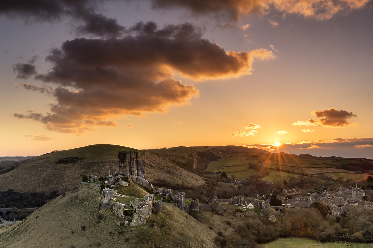 #180130-1 - Corfe Castle at Sunrise, Dorset, England