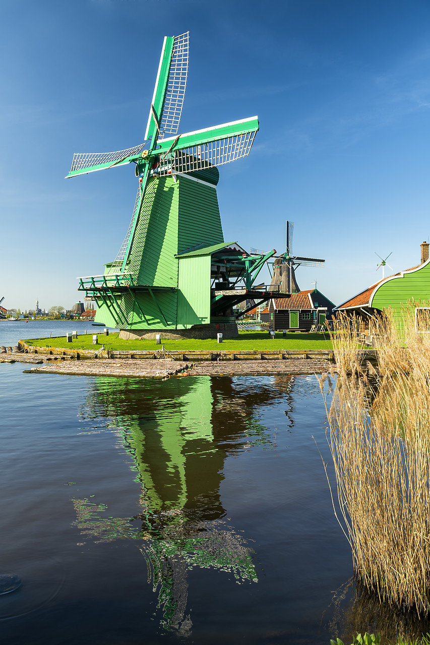 #180351-1 - Green Windmill Reflecting in River Zaan,  Zaanse Schans, Holland, Netherlands
