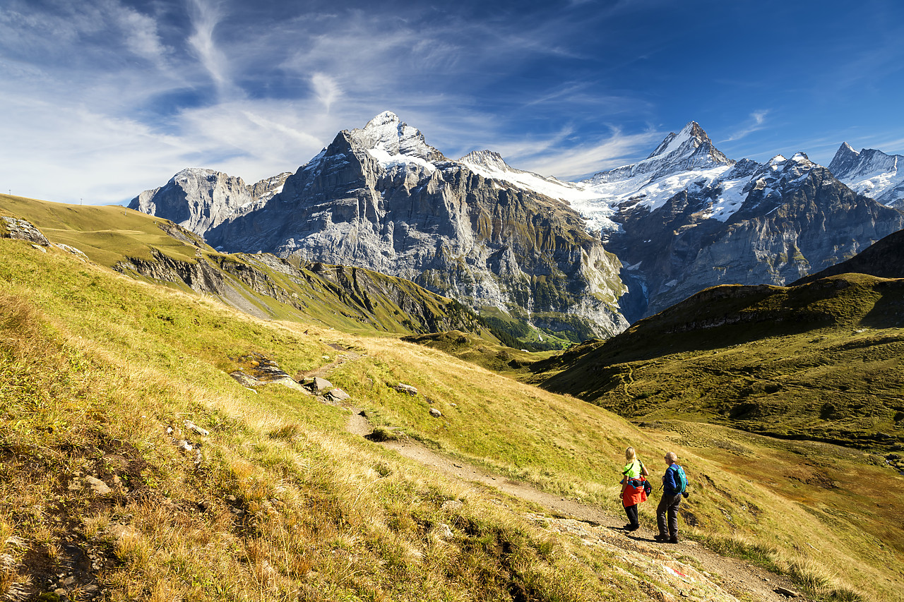 #180416-1 - Hikers viewing Wetterhorn & Schreckhorn, Grindelwald, Bernese Oberland, Switzerland