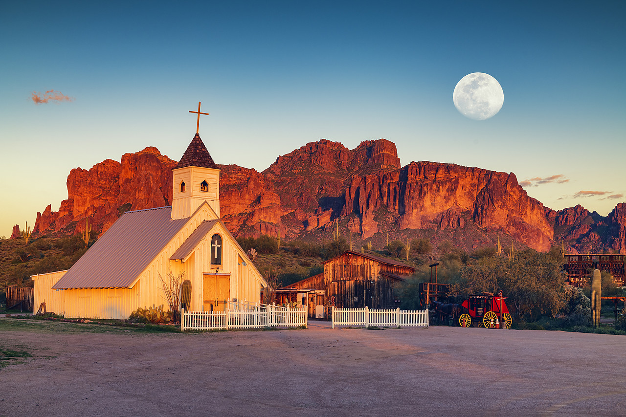 #190078-1 - Moon over Elvis Memorial Chapel & Superstition Mountains, near Phoenix, Arizona, USA