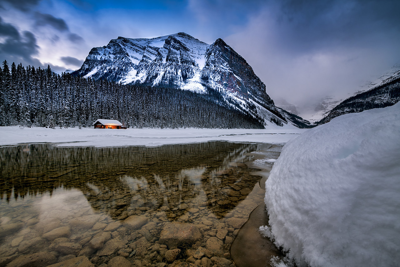 #190159-1 - Mountain & Cabin Reflecting in Lake Louise, Alberta, Canada