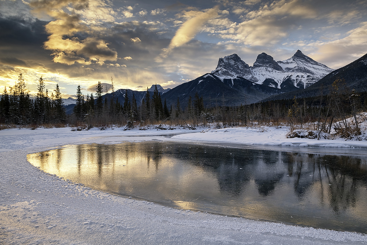 #190207-1 - Three Sisters Reflecting in Bow River in Winter, Alberta, Canada