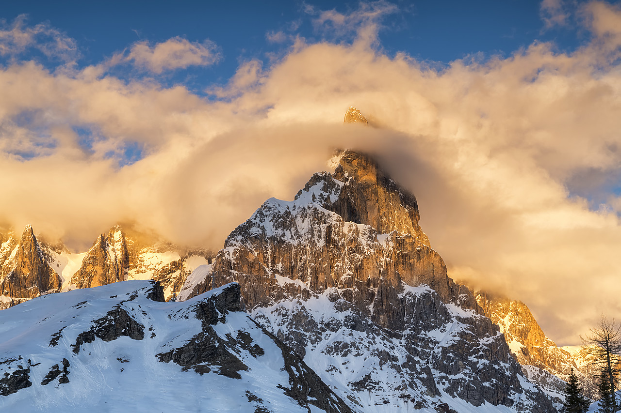 #190350-1 - Pale di San Martino in Low Cloud at Sunset, Passo Rolle, Dolomites, Trentino, Italy