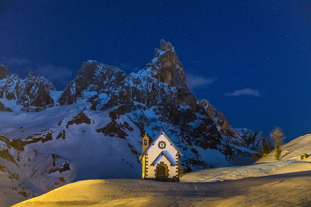 #190351-1 - Chapel & Pala Group at Night in Winter, Dolomites, Trentino, Italy