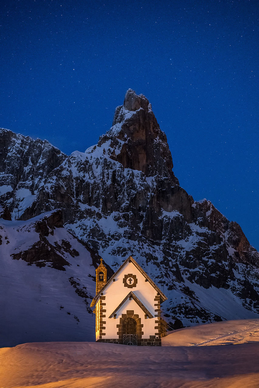 #190351-2 - Chapel & Pala Group at Night in Winter, Dolomites, Trentino, Italy