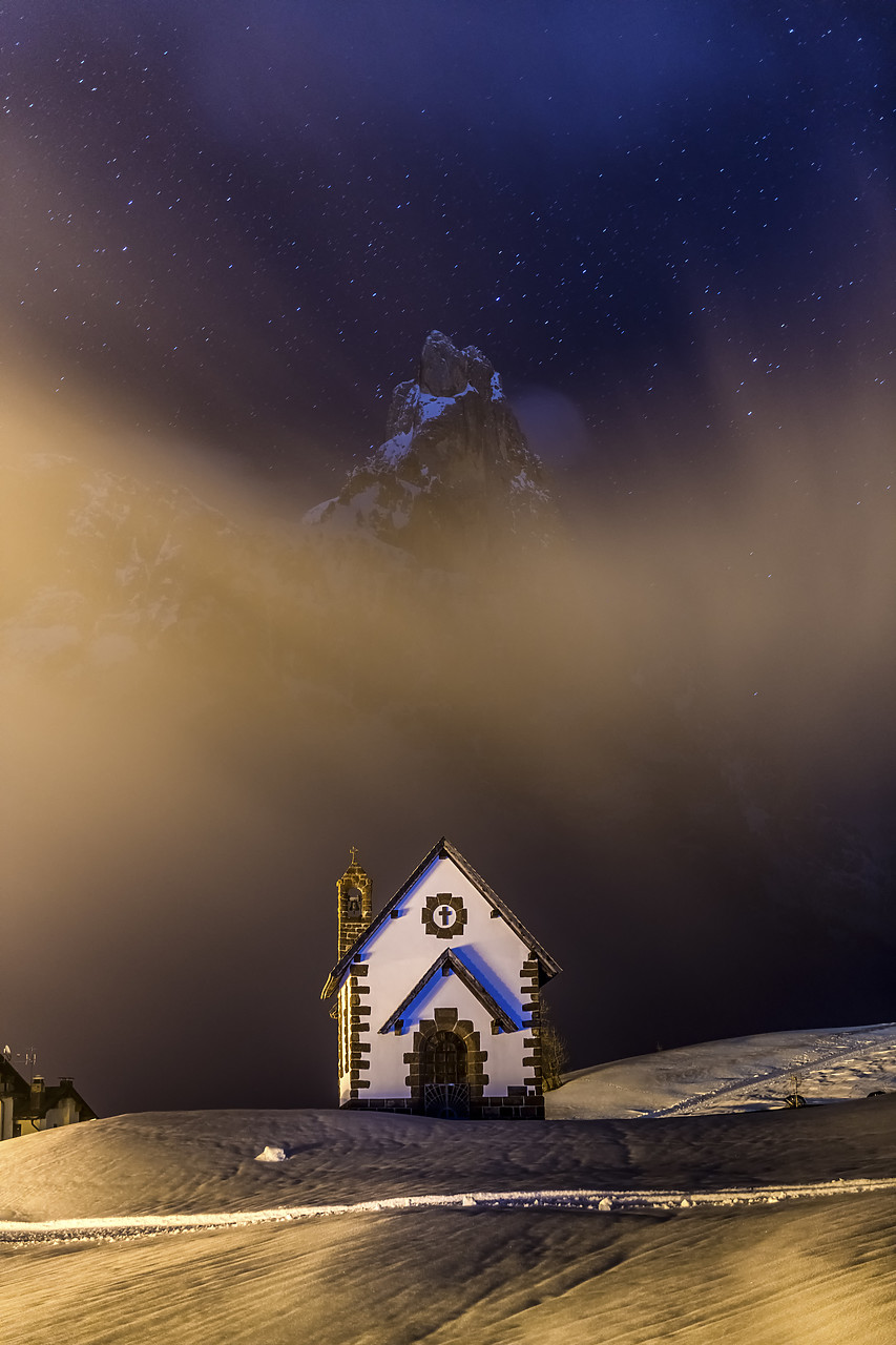 #190352-1 - Chapel & Pala Group at Night in Winter, Dolomites, Trentino, Italy