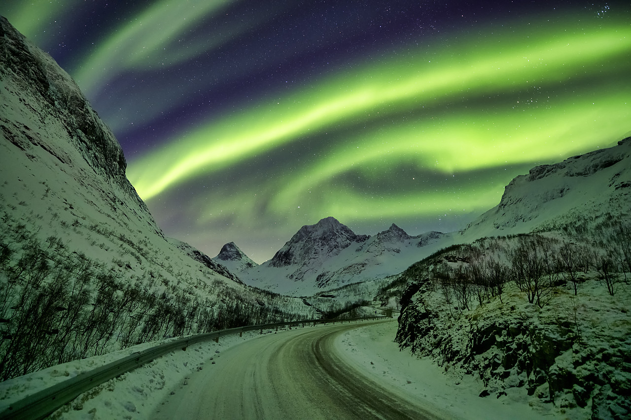 #190465-1 - Aurora Borealis over Mountain Road in Winter, Senja, Norway