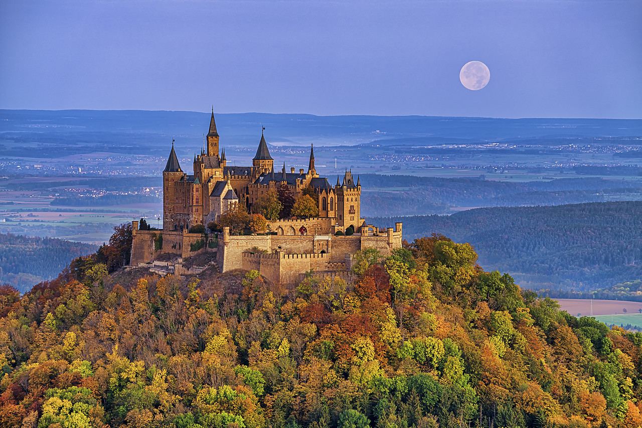 #190531-1 - Full Moon over Hohenzollern Castle in Autumn, Baden-Wurttemberg