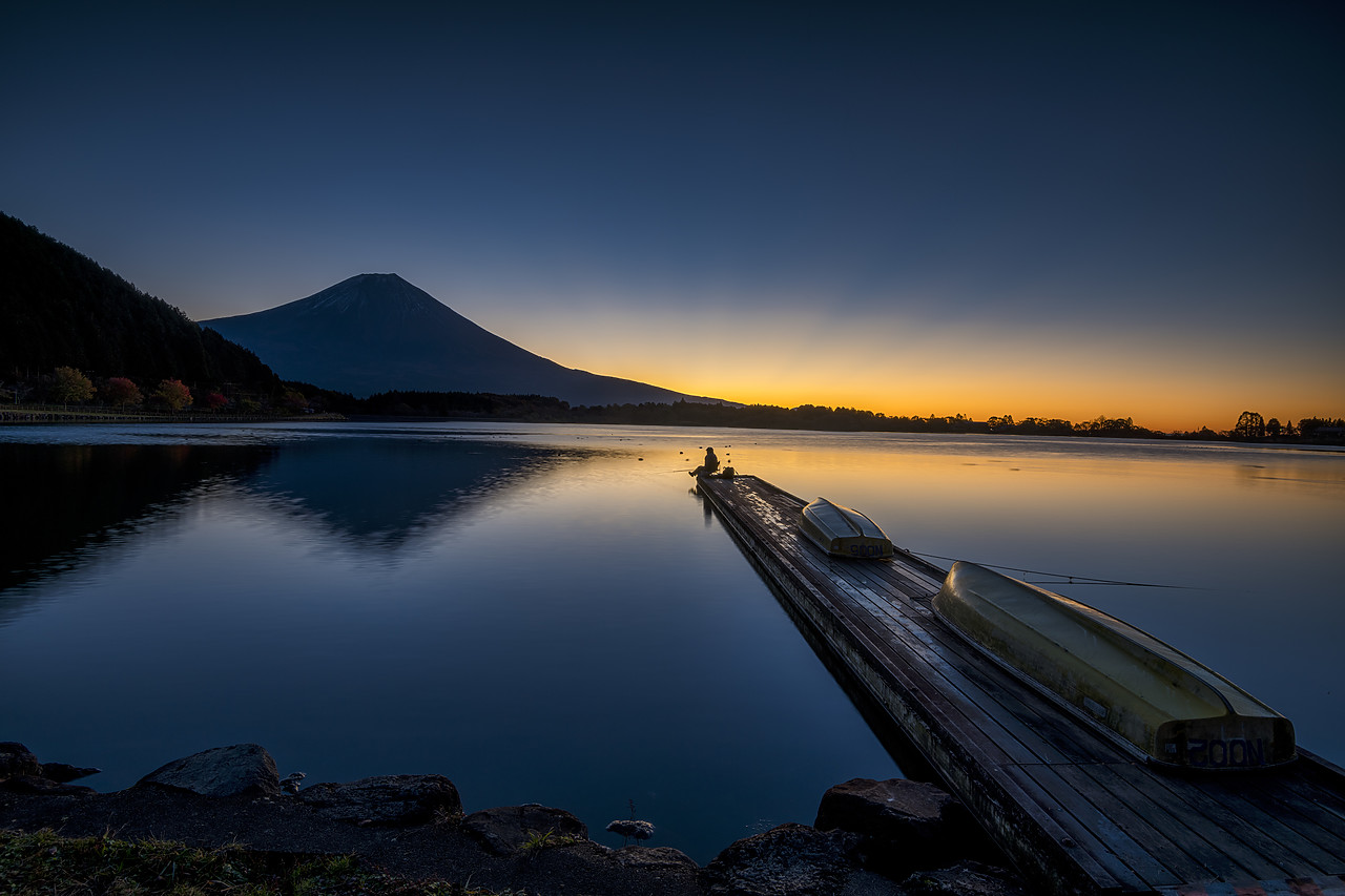 #190631-1 - Mt. Fuji & Fisherman at Sunrise, Lake Tanuki, Fujinomiya, Shizouka, Honshu, Japan