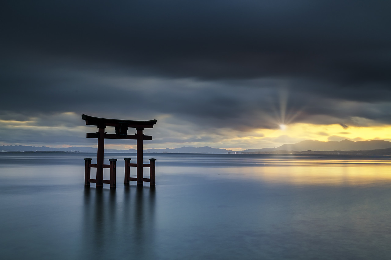 #190686-1 - Shirahige Shrine Torii Gate at Sunrise, Lake Biwa, Takashima, Shiga Prefecture, Japan