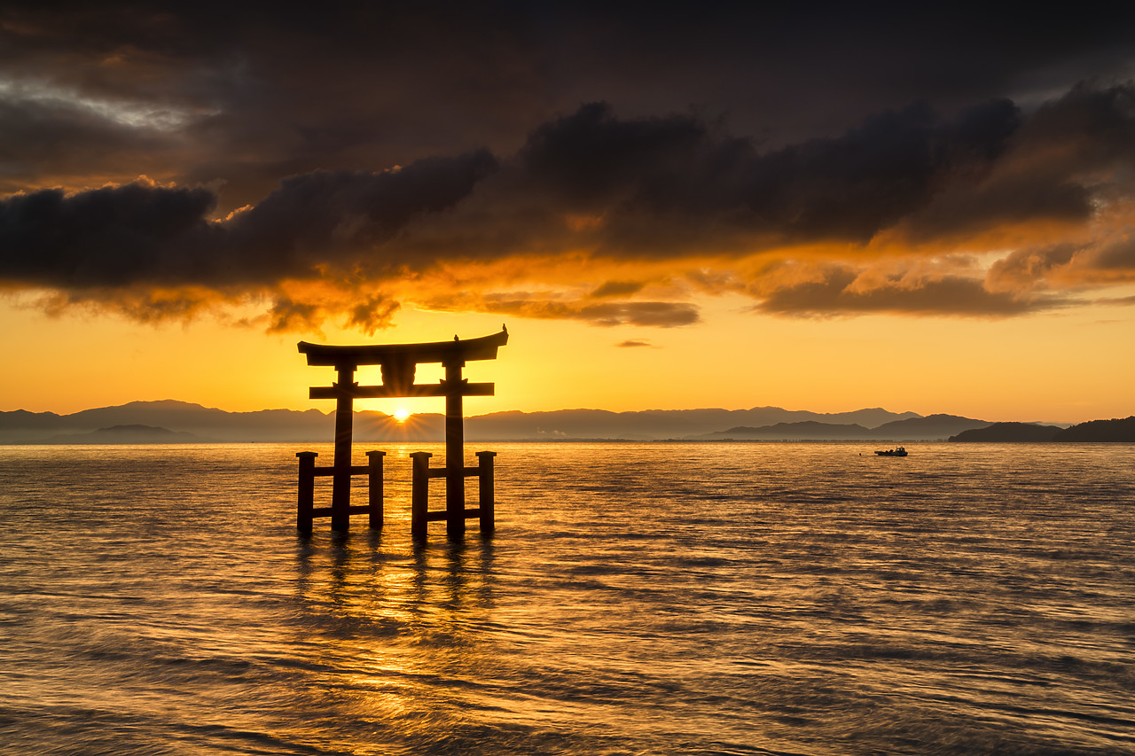 #190689-2 - Shirahige Shrine Torii Gate at Sunrise, Lake Biwa, Takashima, Shiga Prefecture, Japan