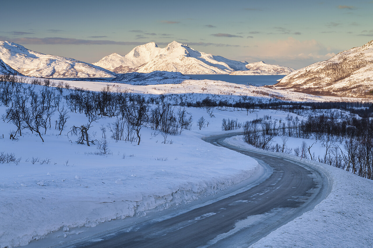 #220036-1 - Road Through Wintry Landscape, VengsÃ¸ytinden & Kvantotinden in Distance, VengsÃ¸ya Island, Tromso, Norway