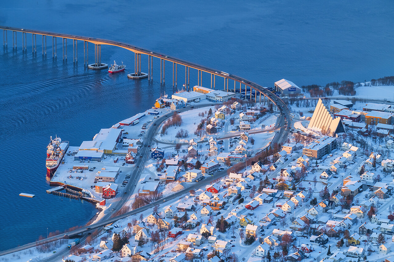 #220040-1 - Aerial View over Arctic Cathedral and Bridge, Tromso, Norway