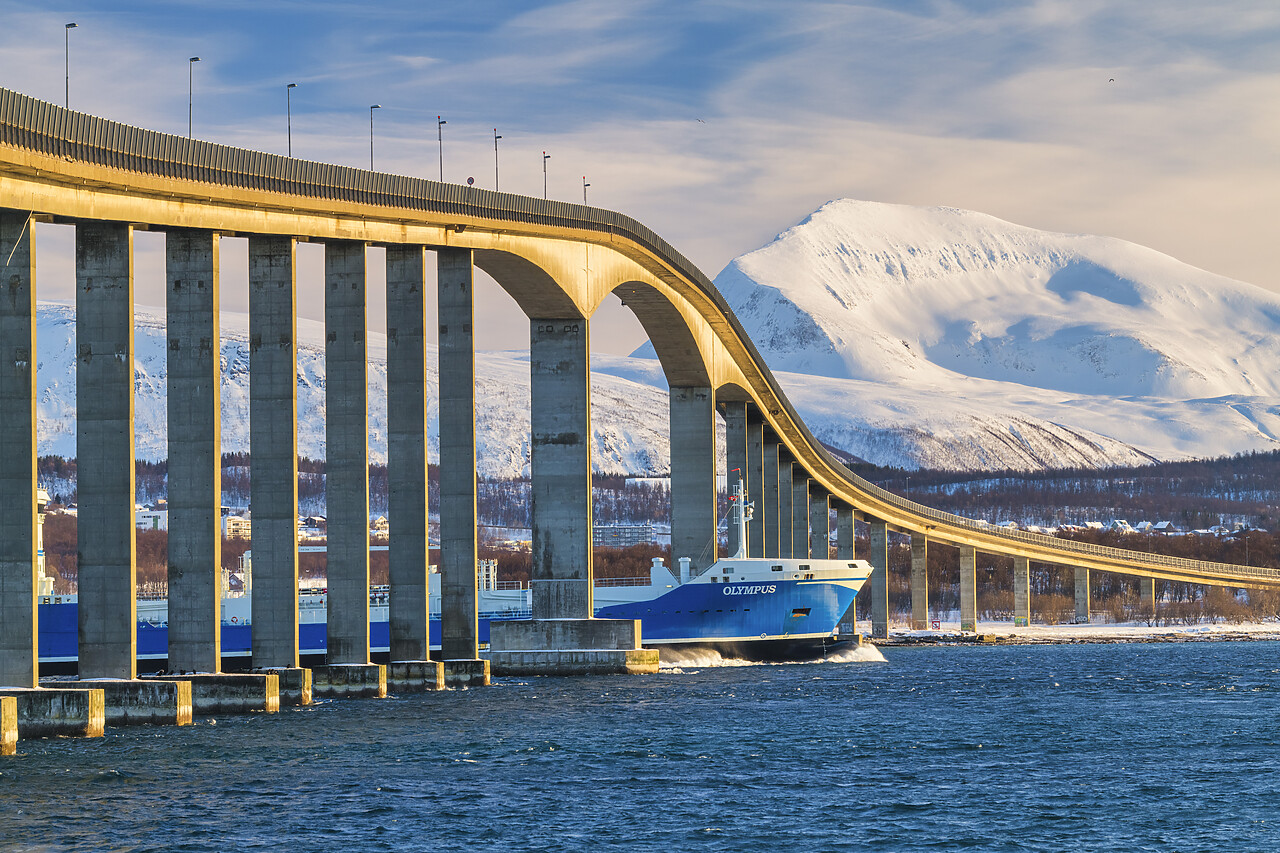 #220047-1 - Tanker Going Under Bridge & Tromsdalstindon in Winter, Tromso, Norway