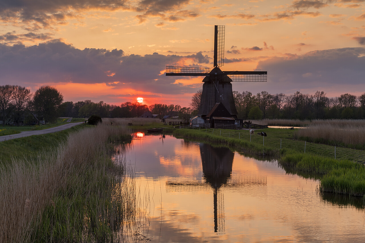 #220209-1 - Windmill Reflecting in Dyke at Sunset, Oterleek, Holland, Netherlands