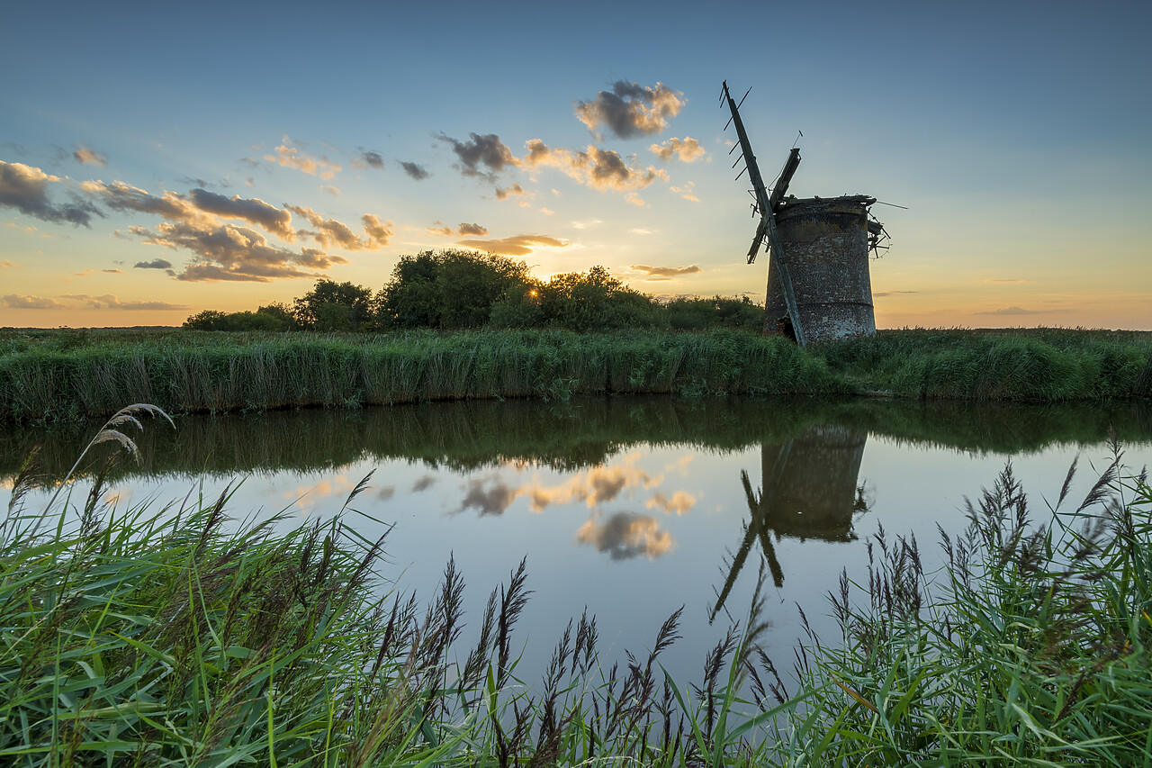 #220389-1 - Brograve Mill Reflecting in New Cut at Sunset, Norfolk Broads National Park, Norfolk, England