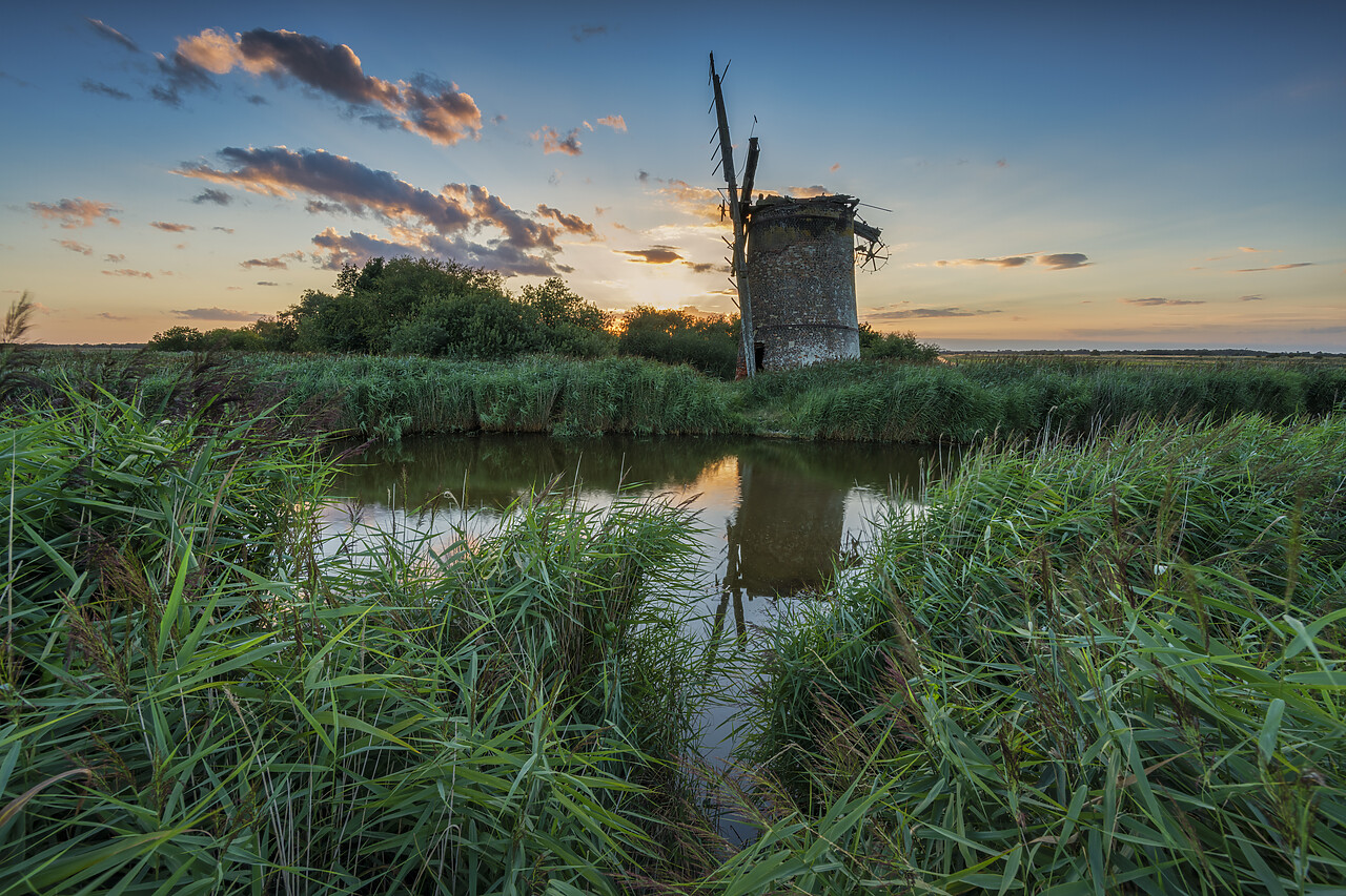 #220390-1 - Brograve Mill Reflecting in New Cut at Sunset, Norfolk Broads National Park, Norfolk, England