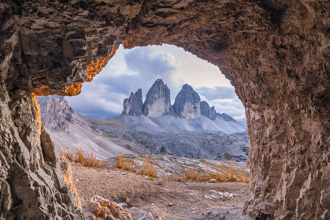 #220702-1 - Tre Cime di Lavaredo Framed by WW1 Cave, Dolomites, South Tyrol, Italy