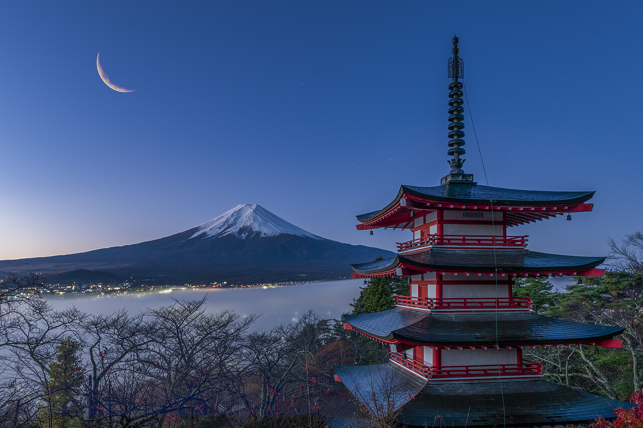 #220736-1 - Crescent Moon over Mt. Fuji & Chureito Pagoda, Fujiyoshida, Yamanashi Prefecture, Japan