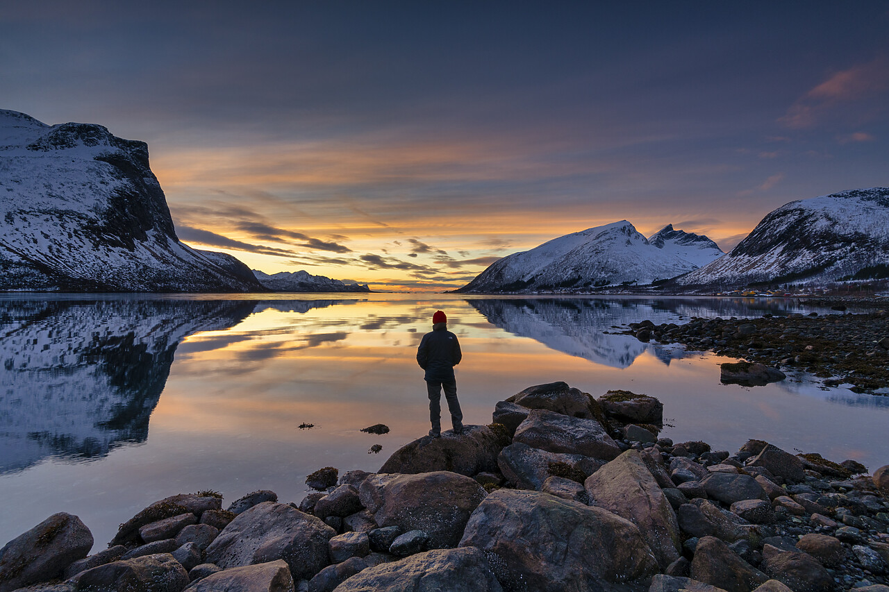 #230009-1 - Man Looking at Bergsbotn Reflections at Sunset, Senja, Norway