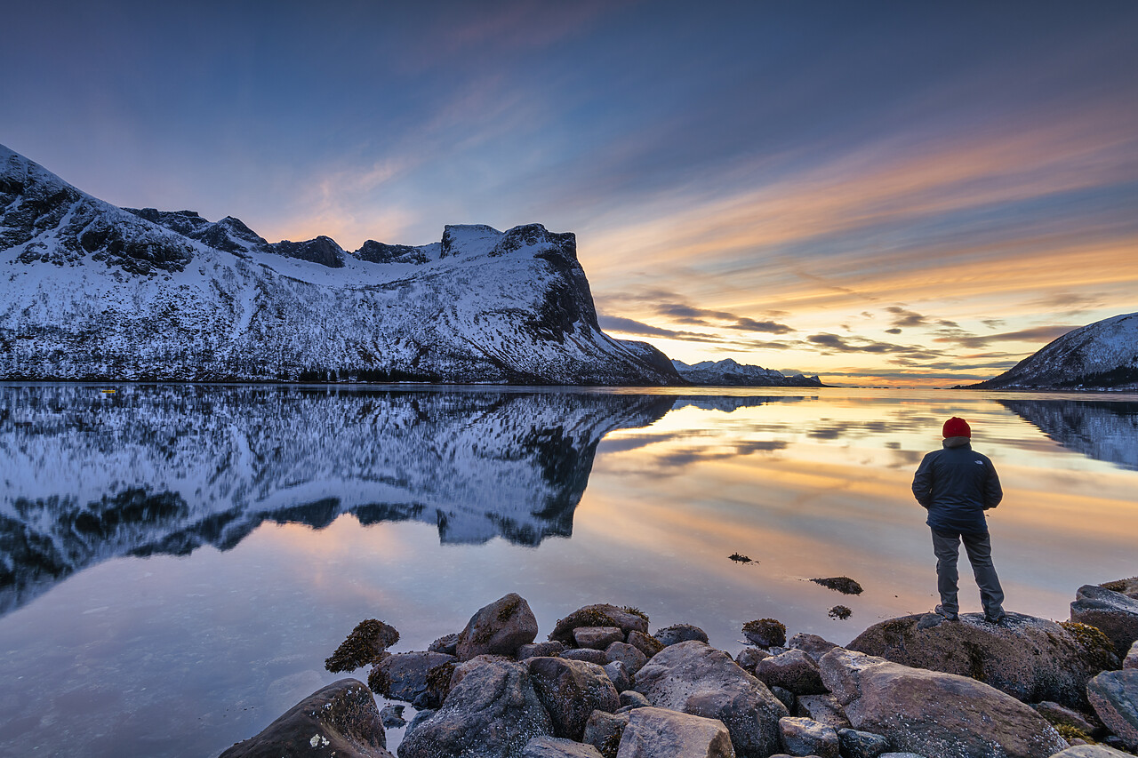 #230010-1 - Man Looking at Bergsbotn Reflections at Sunset, Senja, Norway