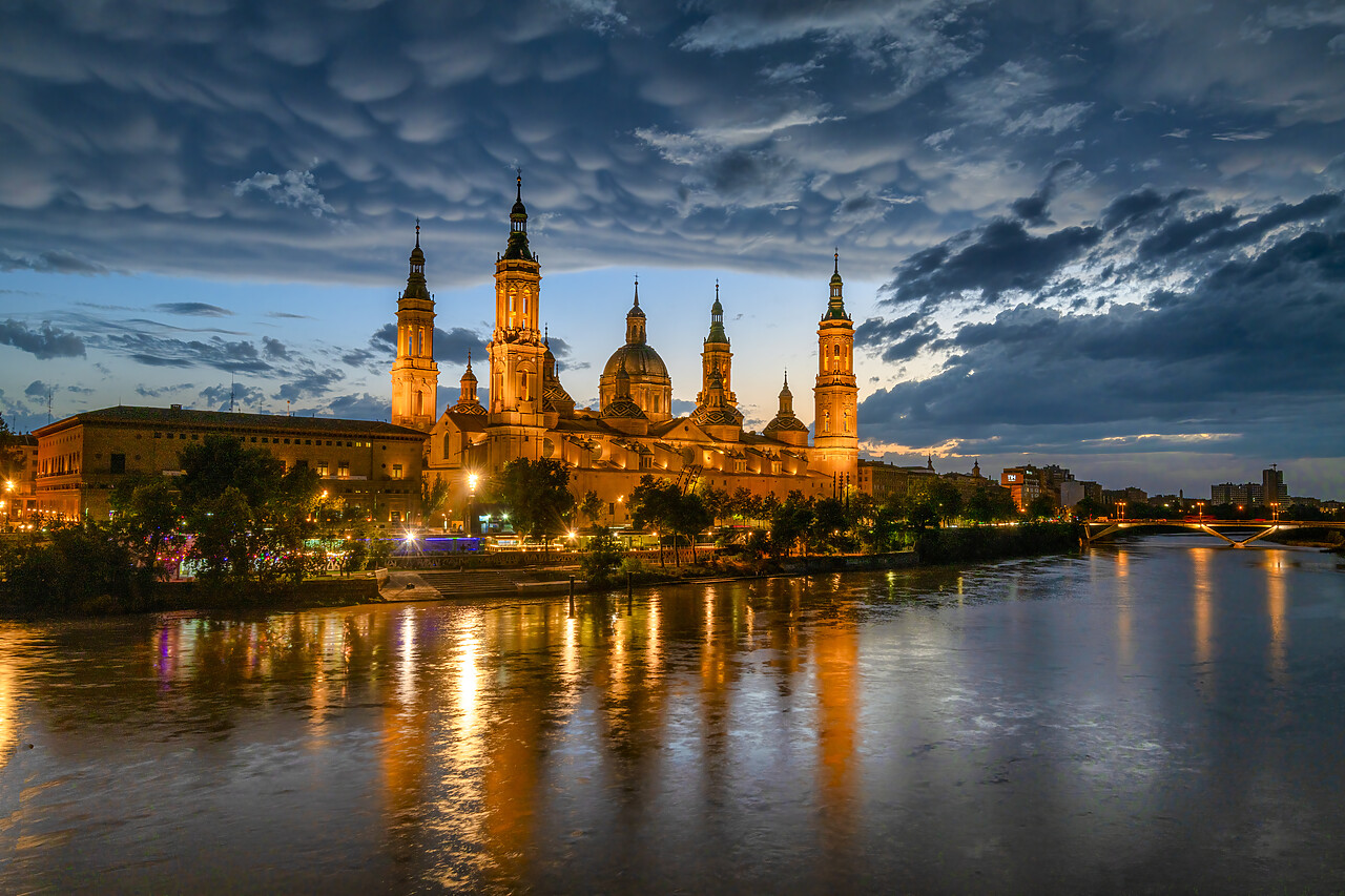 #230321-1 - Mammatus Clouds over Cathedral-Basilica of Our Lady of the Pillar Reflecting in the Ebro River, Zaragoza, Aragon, Spain