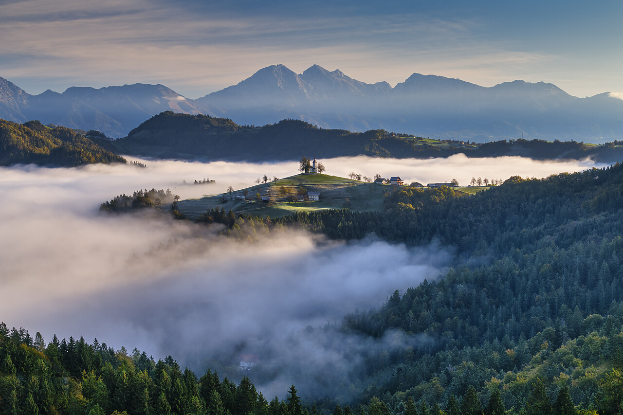 #230363-1 - Morning Mist Around Church of St. Thomas, Skofja Loka, Slovenia, Europe