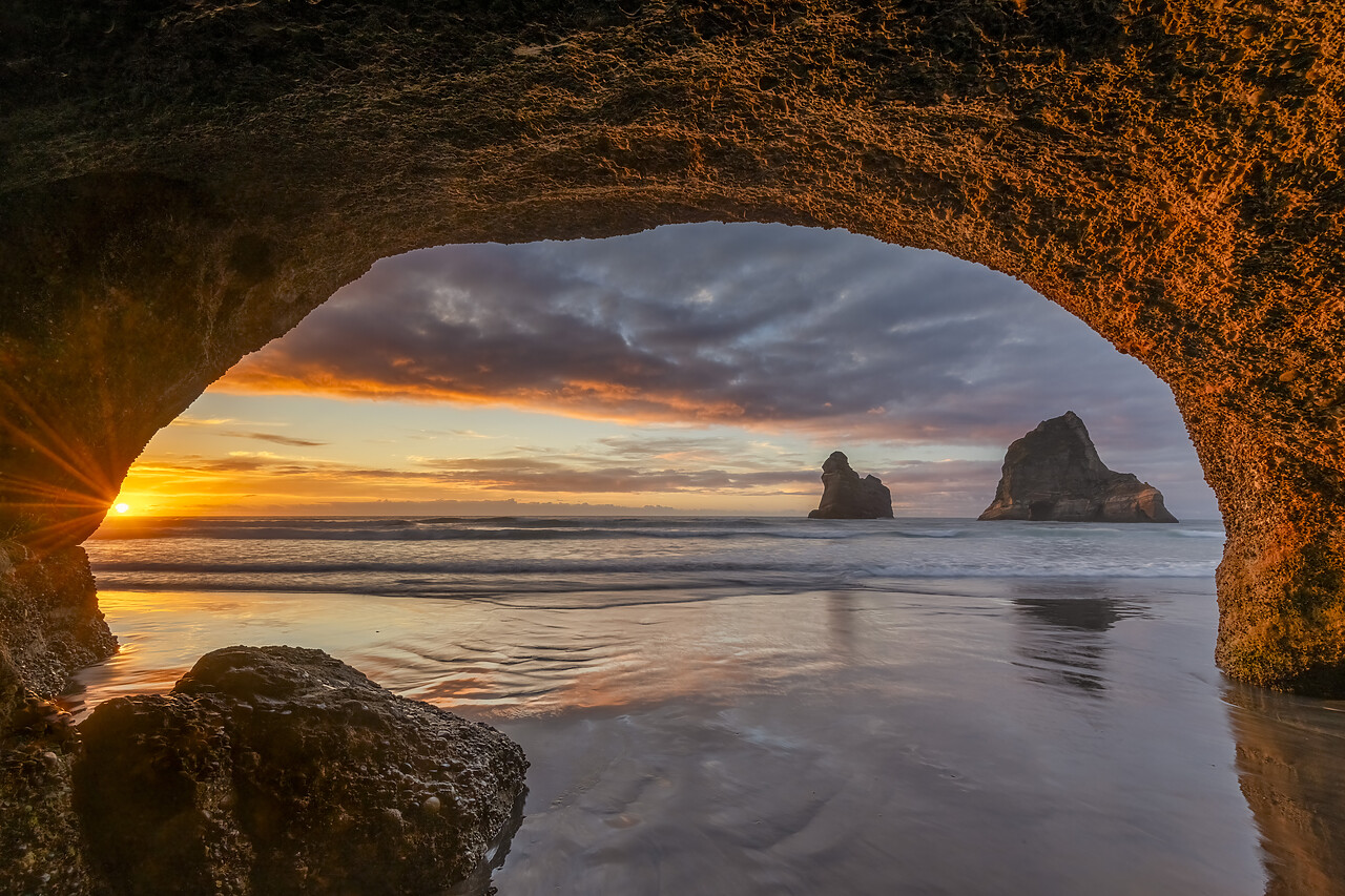 #240073-1 - Cave Framing Archway Islands at Sunset, Wharariki Beach,  South Island, New Zealand