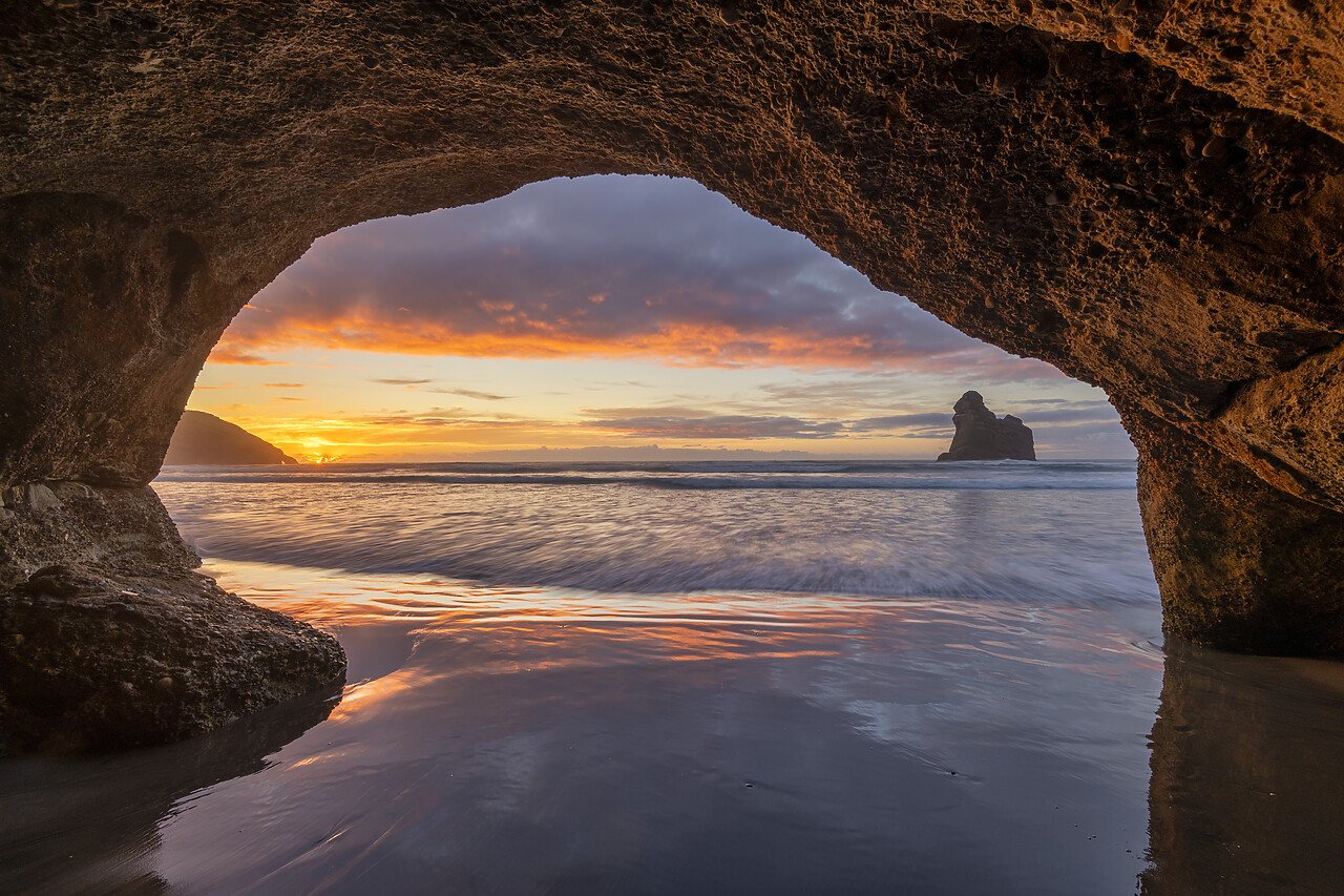 #240074-1 - Cave Framing Archway Islands at Sunset, Wharariki Beach,  South Island, New Zealand