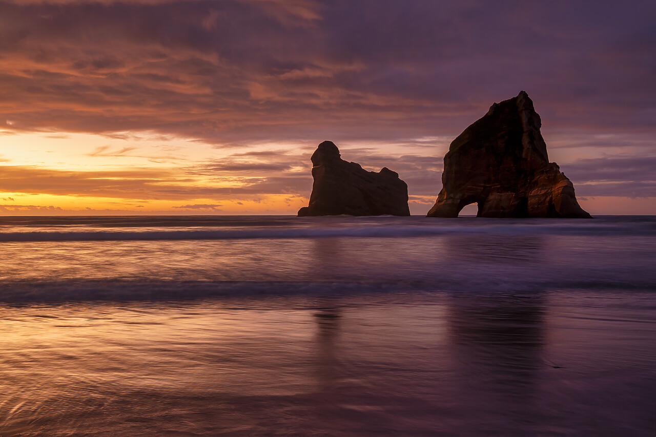 #240076-1 - Archway Islands at Sunset, Wharariki Beach,  South Island, New Zealand