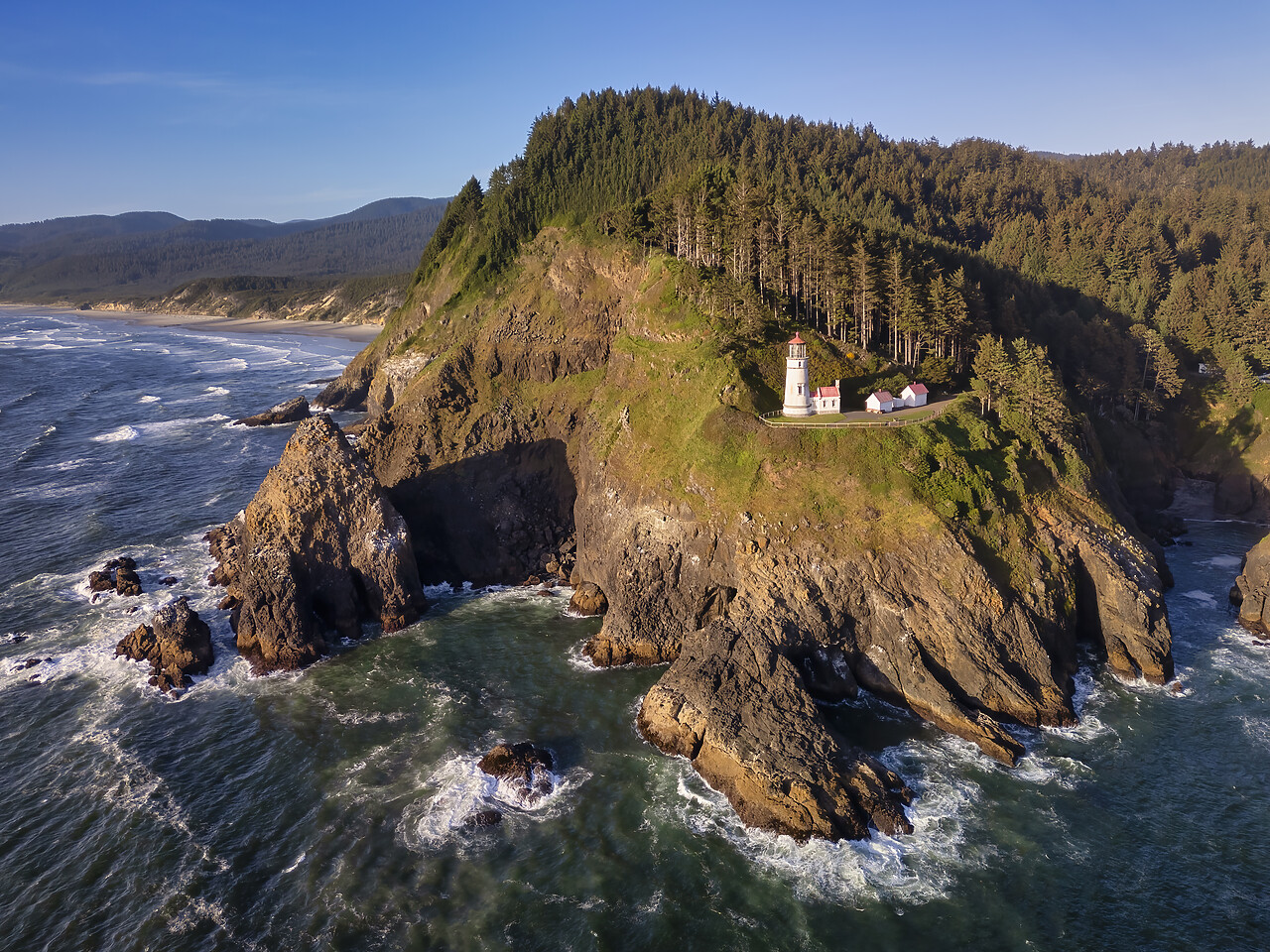 #240282-1 - Aerial View Over Haceta Head Lighthouse & Coastline, Oregon, USA