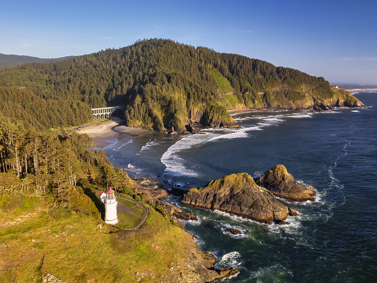 #240283-1 - Aerial View Over Haceta Head Lighthouse & Coastline, Oregon, USA