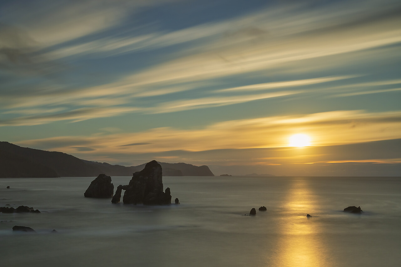 #240504-1 - Sea Stacks and Natural Arch at Sunset, San Juan de Gaztelugatxe, Bay Of Biscay, Basque Country, Spain