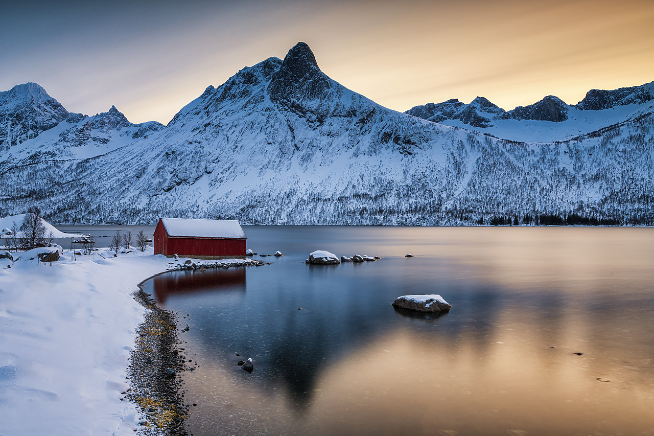 #400090-1 - Red Boat Hut & Mountain Peak Reflecting in Bergsbotn Fjord,  Senja, Norway