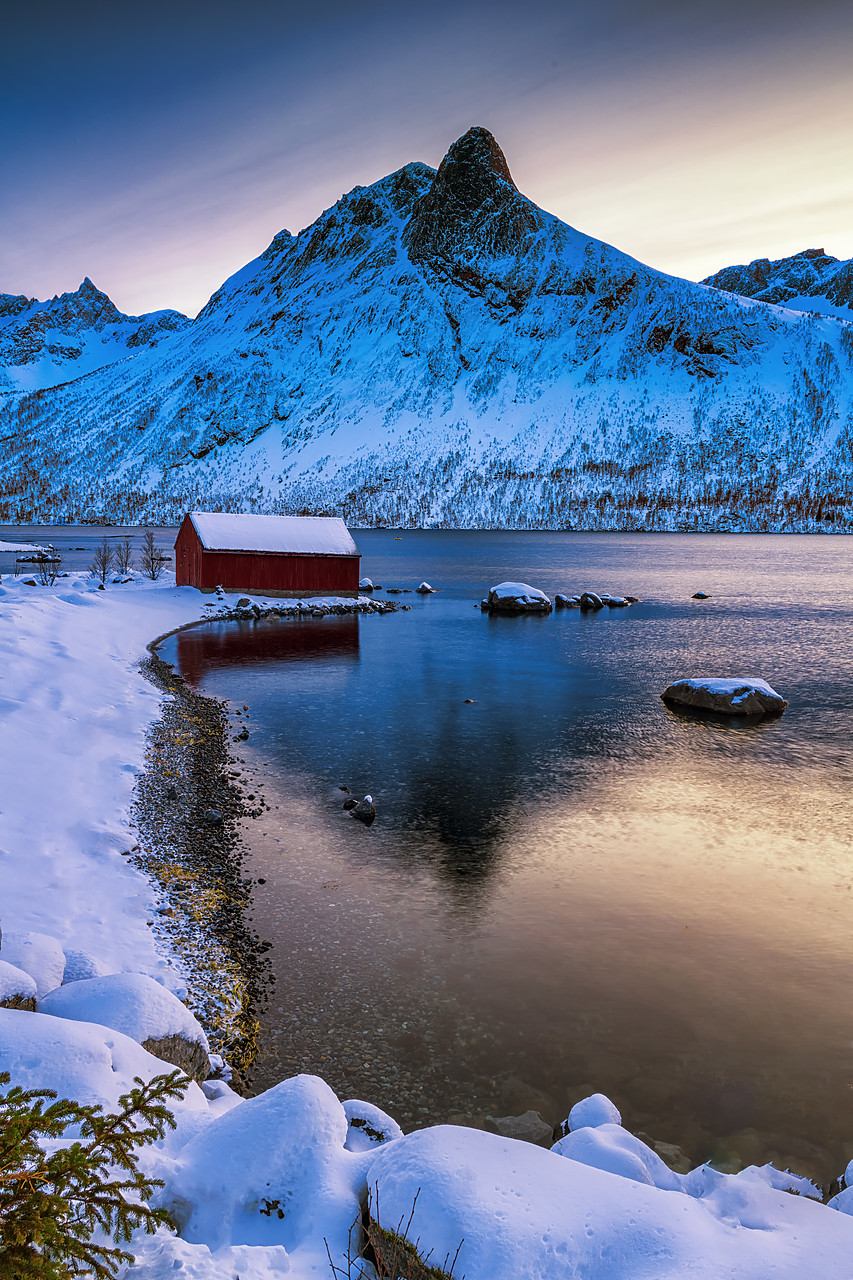 #400090-2 - Red Boat Hut & Mountain Peak Reflecting in Bergsbotn Fjord,  Senja, Norway