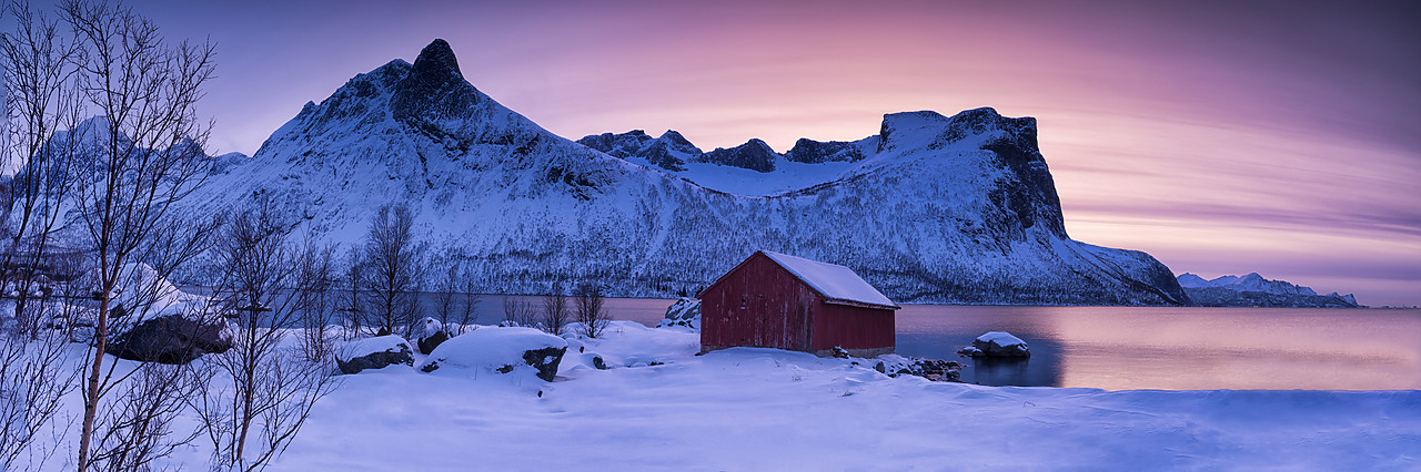 #400091-2 - Red Boat Hut & Mountain at Sunset, Senja, Norway