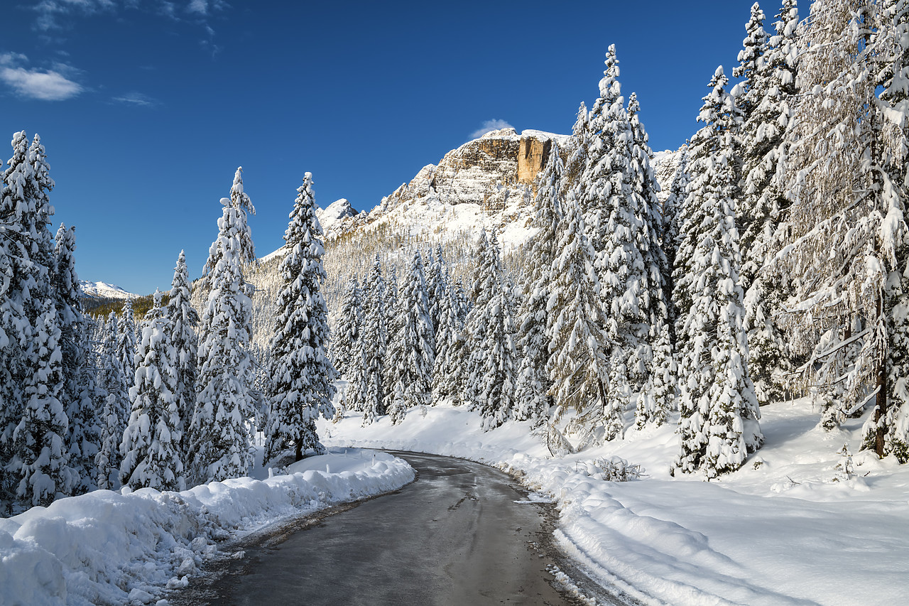 #400367-1 - Alpine Road in Fresh Snowfall, Belluno Province, Veneto, Dolomites, Italy