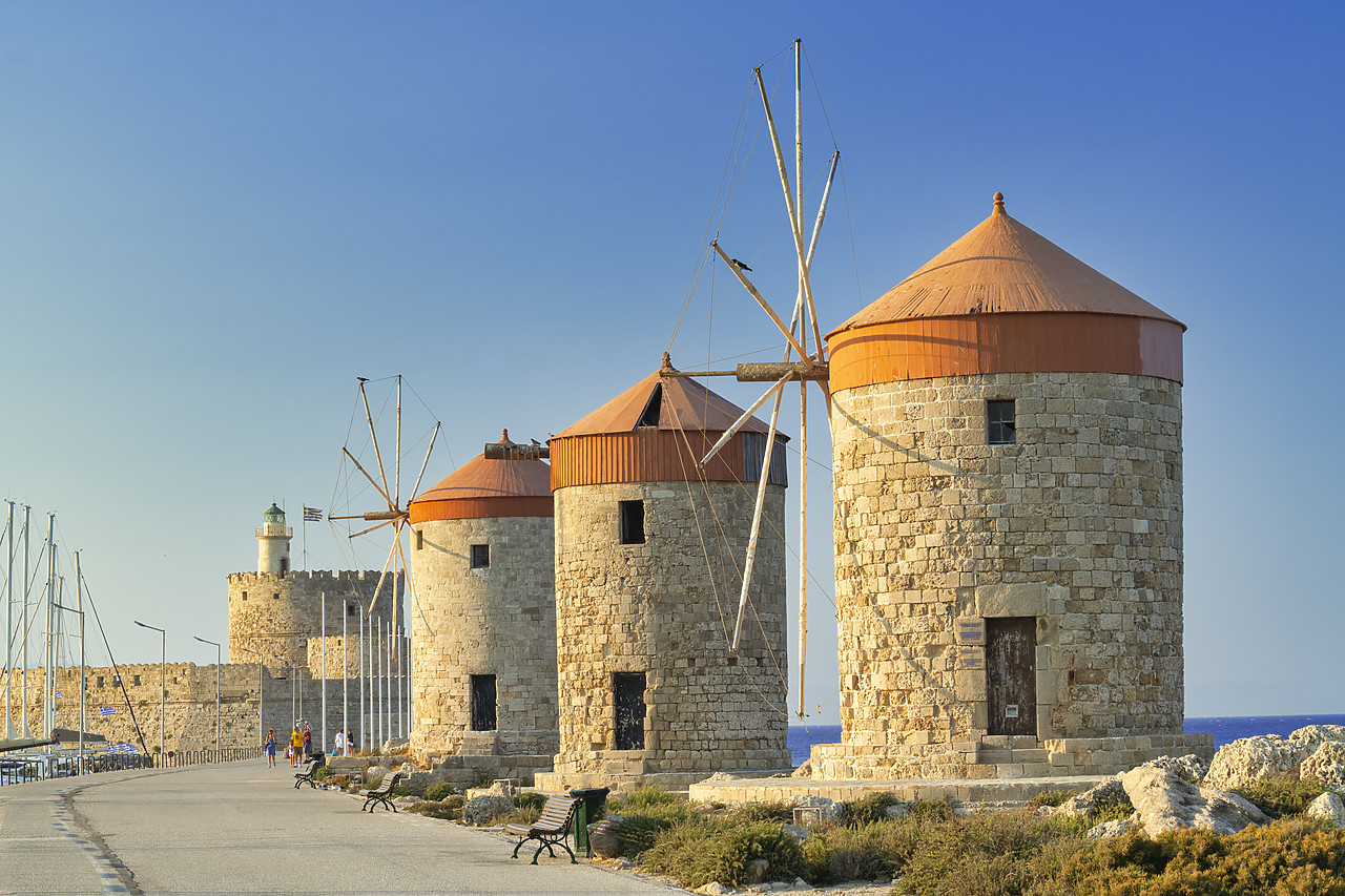 #410298-1 - Windmills & St. Nicholas Fortress, Rhodes, Dodecanese Islands, Greece