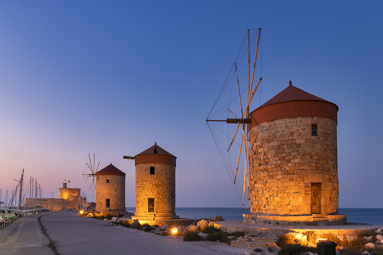 #410299-1 - Windmills & St. Nicholas Fortress at Night, Rhodes, Dodecanese Islands, Greece